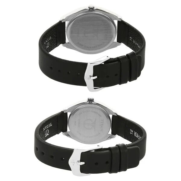 Titan Silver Dial Black Leather Strap Analog with Day and Date Watch for Couple