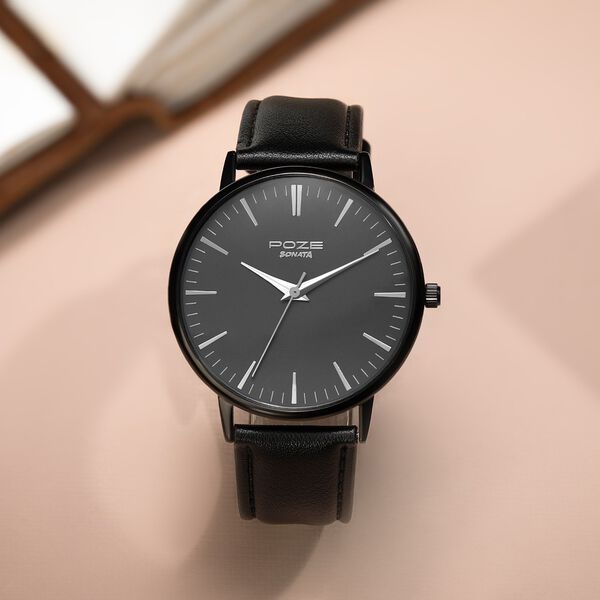 Sonata Black Dial Leather Strap Analog Watch for Men