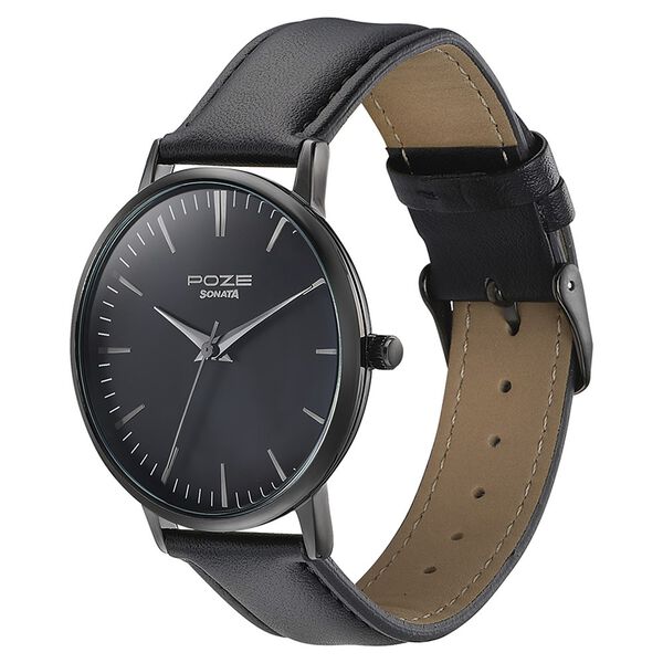 Sonata Black Dial Leather Strap Analog Watch for Men
