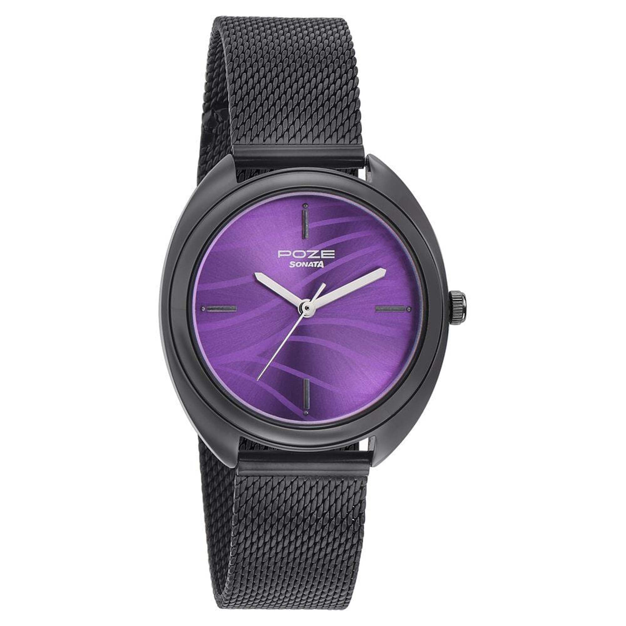Sonata Purple Dial Black Metal Strap Analog Watch for Women