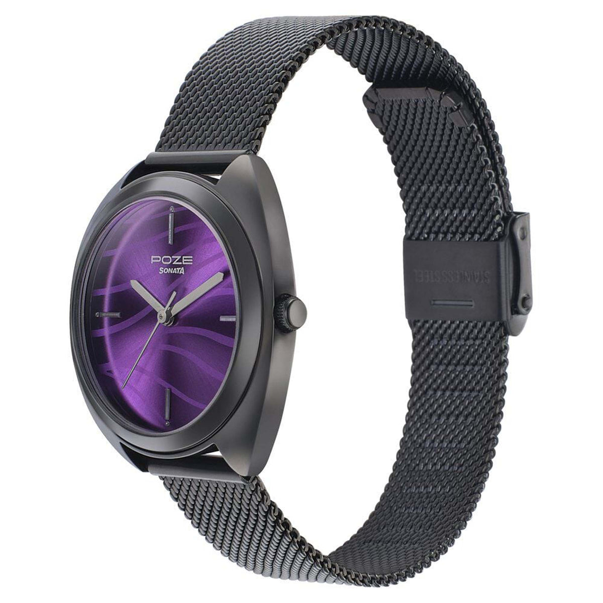 Sonata Purple Dial Black Metal Strap Analog Watch for Women